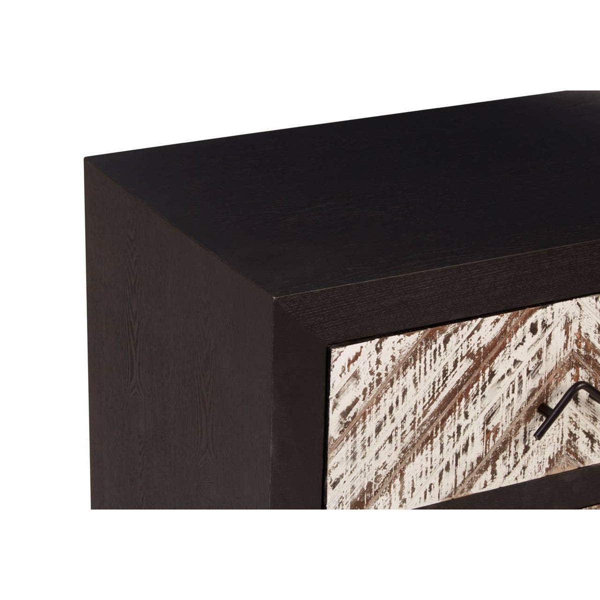 Dark wood sideboard with distressed chevron drawer detail and black metal handle