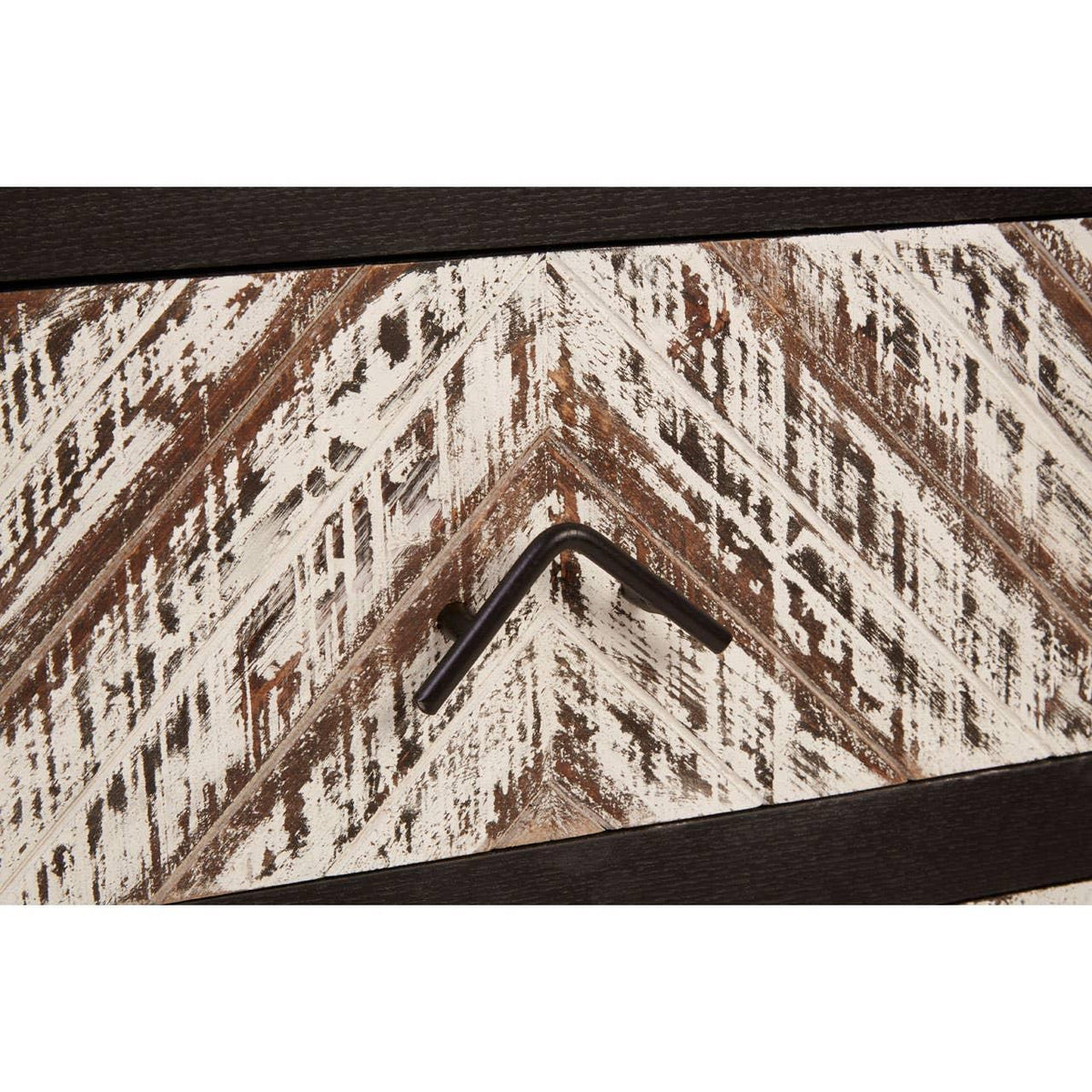 Chevron patterned wood drawer front with black metal handle