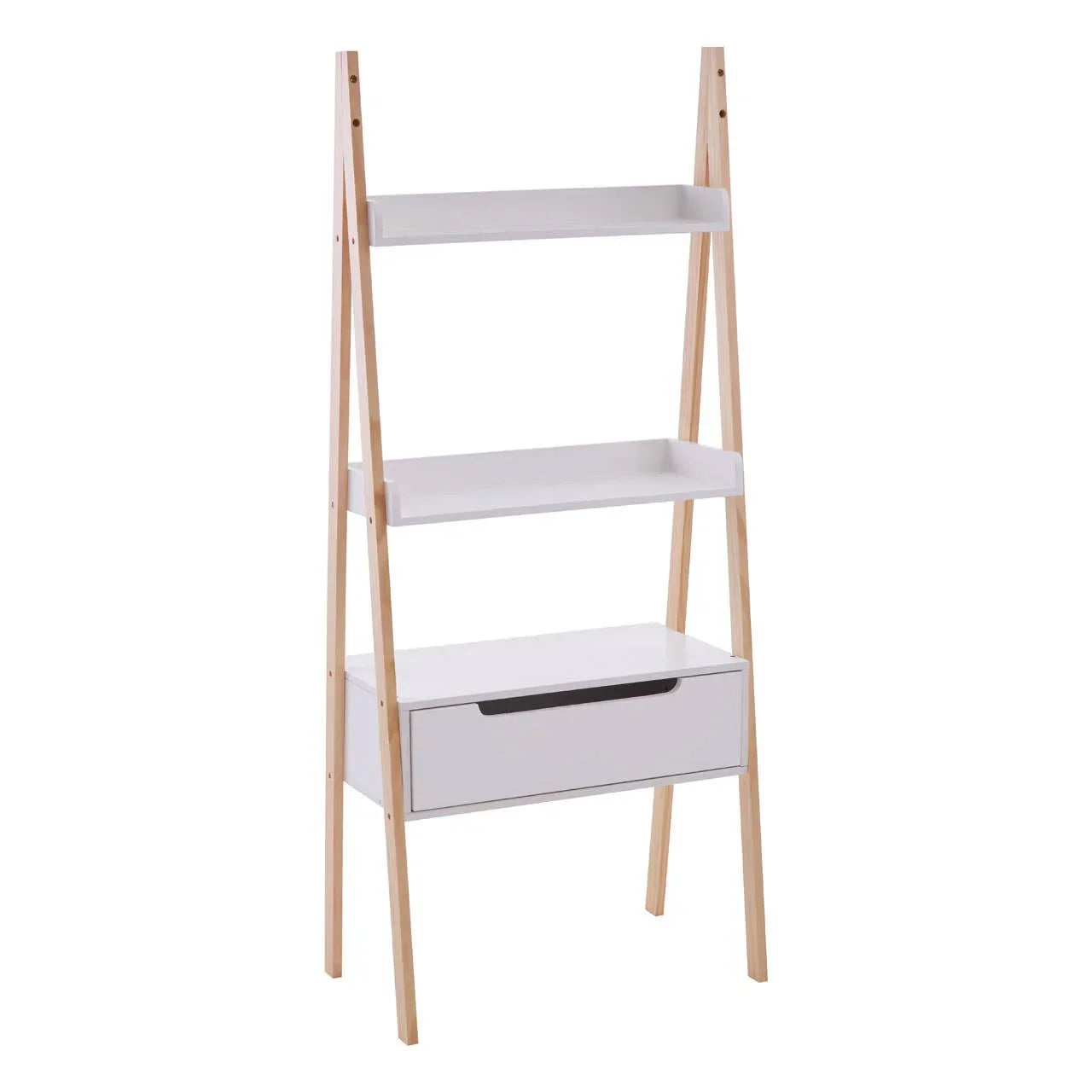 White ladder bookshelf with two shelves and storage drawer on wooden frame