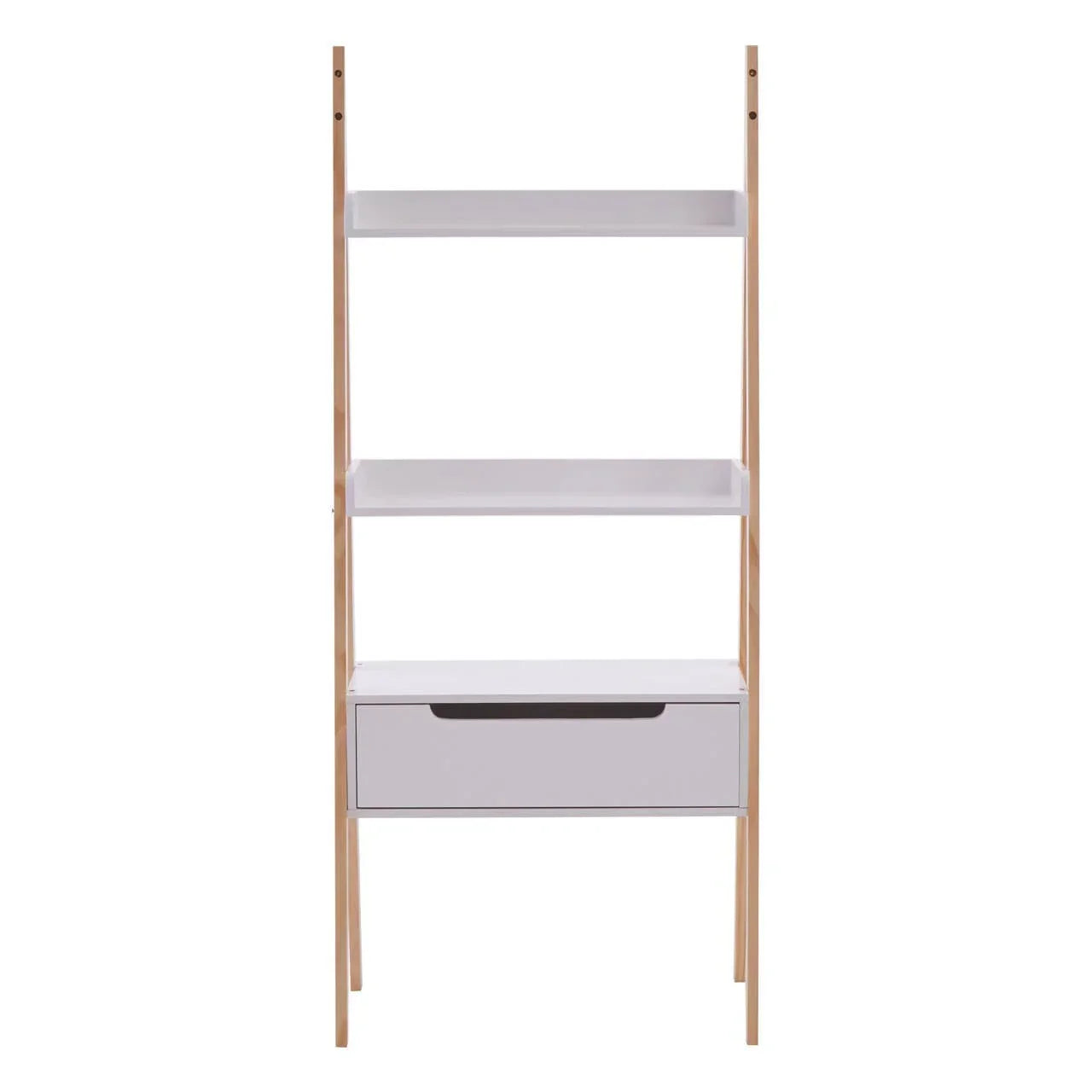 White ladder shelf unit with two shelves and single drawer, natural wood frame