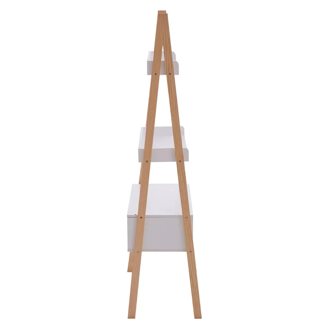 Side view of ladder bookcase with white shelves and natural wooden frame