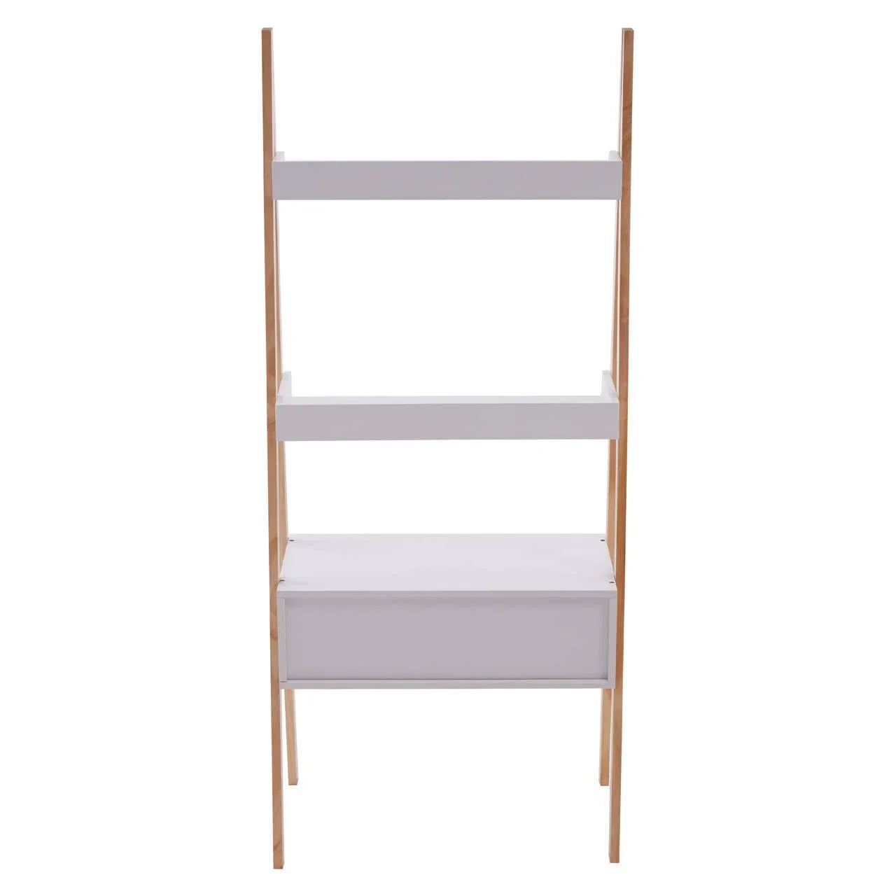 White wood shelving unit with two open shelves and lower storage drawer, front view