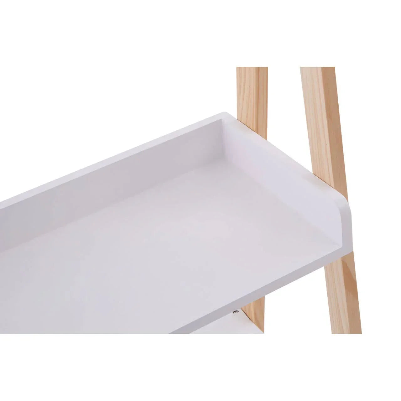 White wooden shelf with natural pine side supports, close-up on corner details