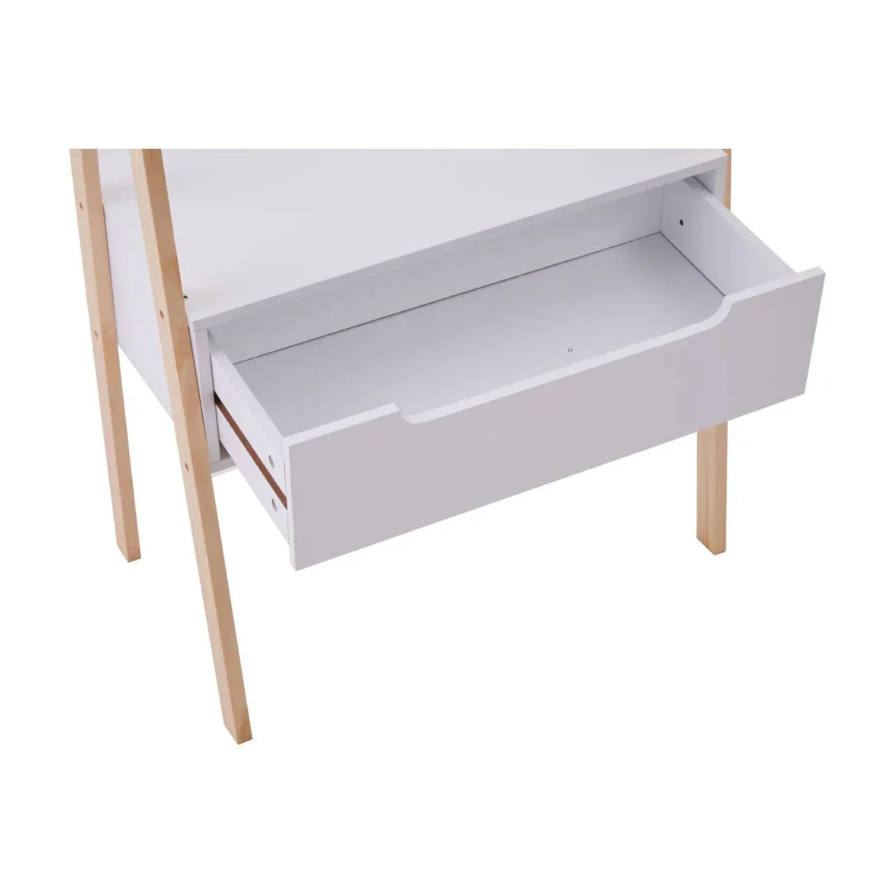 White wooden desk with open storage drawer and natural wood legs