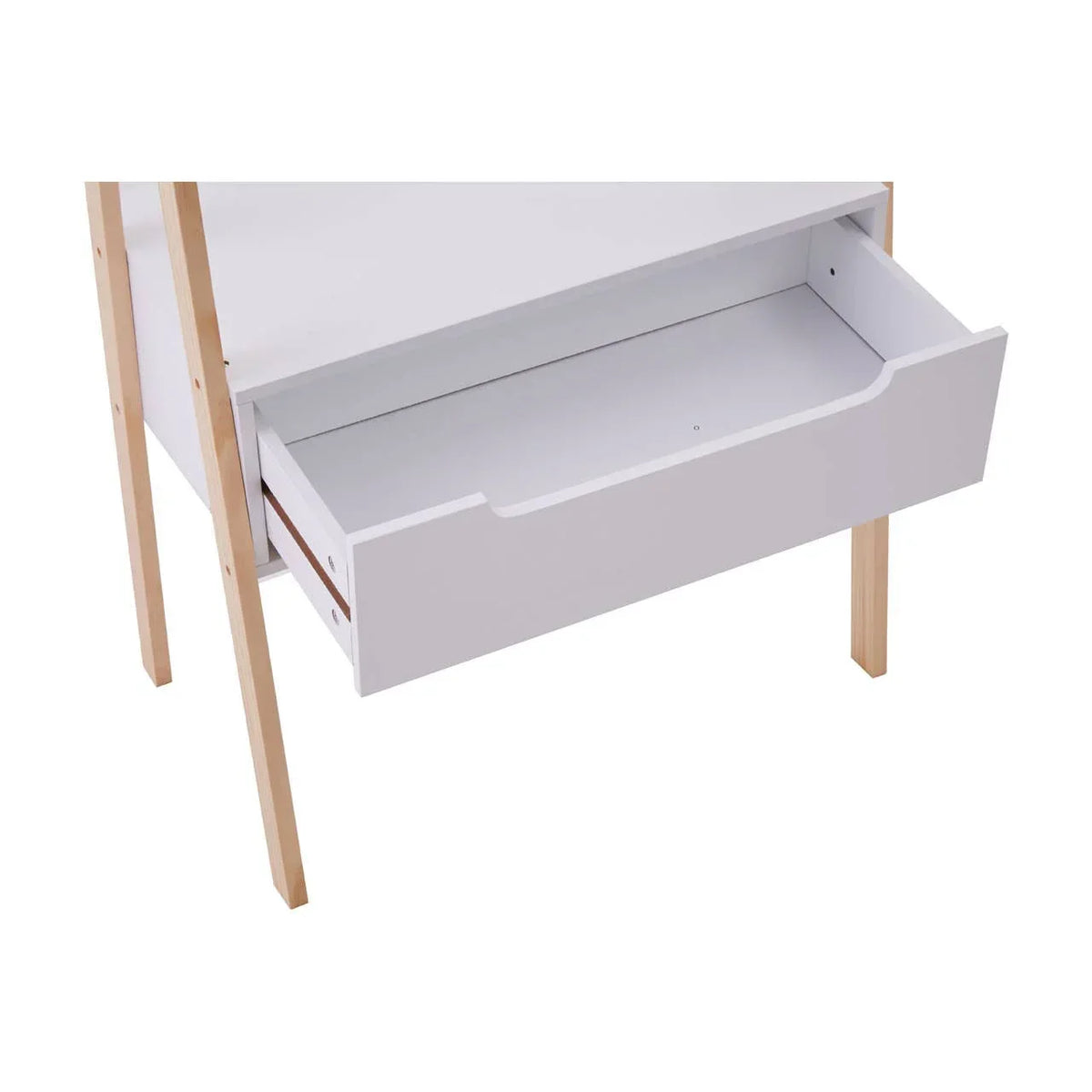 White wooden desk with open storage drawer and natural wood legs