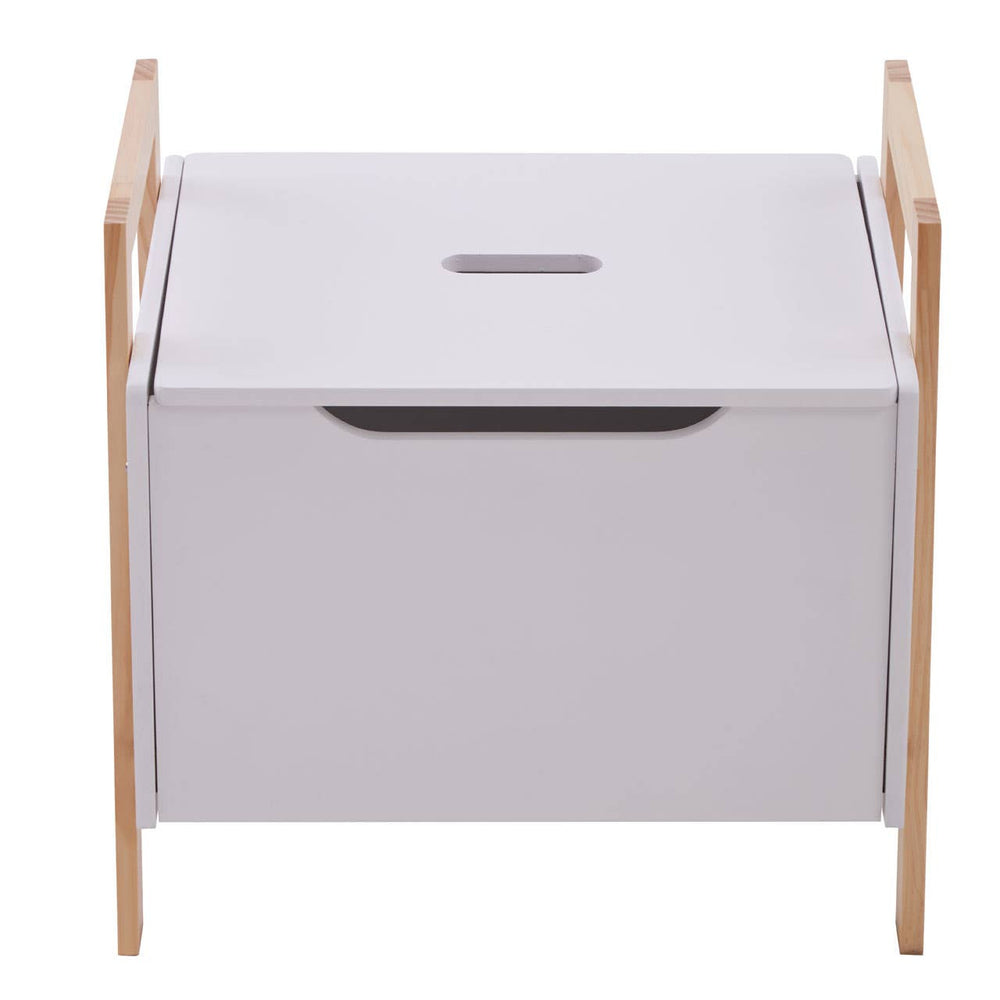 White storage box with a smooth surface and a cut-out handle, supported by light wooden legs. The box features a hinged lid that opens to reveal a spacious interior for organizing items