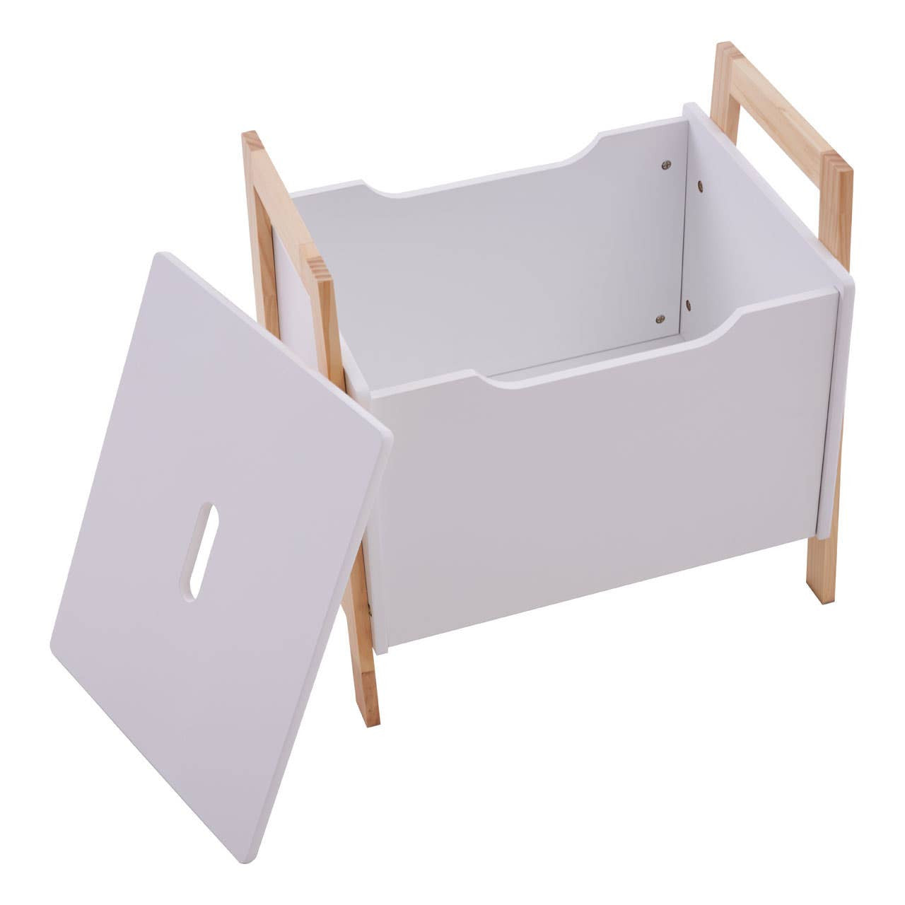 White storage box with wooden handles and a removable lid, showcasing an open interior. The box has a simple, modern design suitable for organizing various items