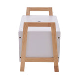 White storage box with a minimalist design, featuring a wooden handle and legs, providing a modern and functional look suitable for home organization