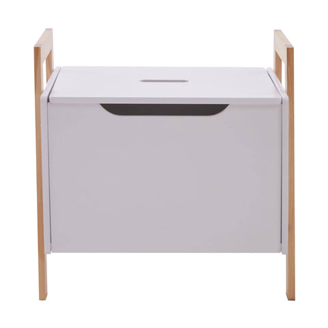 White storage box with a smooth top surface and a cut-out handle, supported by light wooden legs. The design is minimalist and modern, suitable for home organization