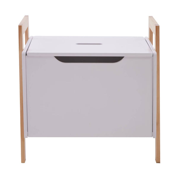 White storage box with a smooth top surface and a cut-out handle, supported by light wooden legs. The design is minimalist and modern, suitable for home organization