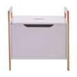 White storage box with a smooth top surface and a cut-out handle, supported by light wooden legs. The design is minimalist and modern, suitable for home organization