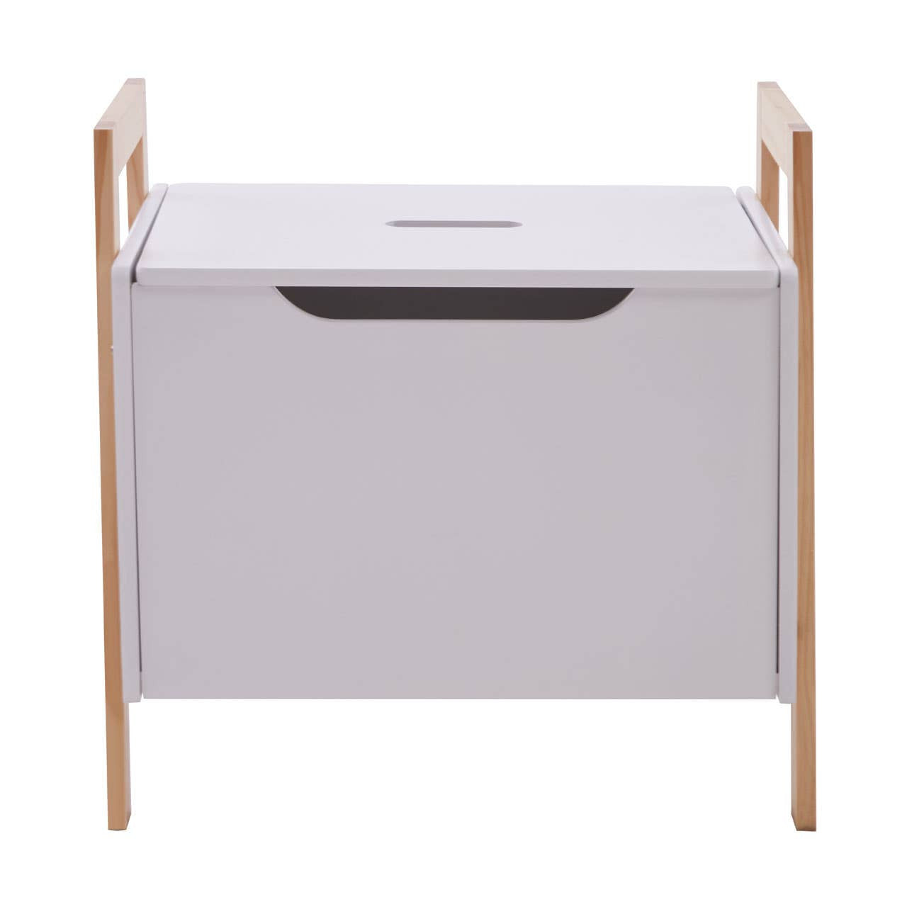 White storage box with a smooth top surface and a cut-out handle, supported by light wooden legs. The design is minimalist and modern, suitable for home organization