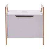 White storage box with a smooth top surface and a cut-out handle, supported by light wooden legs. The design is minimalist and modern, suitable for home organization
