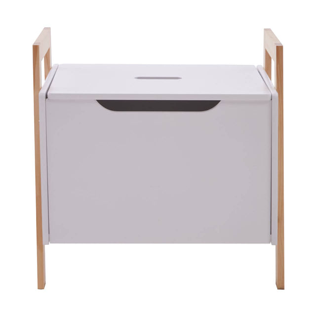 White storage box with a smooth top surface and a cut-out handle, supported by light wooden legs. The design is minimalist and modern, suitable for home organization