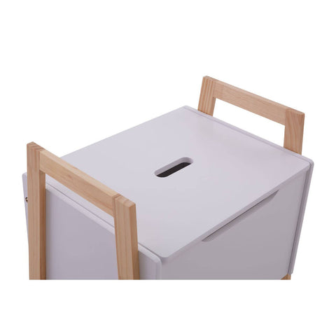 White storage box with a rectangular shape, featuring a slot on the top for easy access. The box has wooden handles on either side for convenient carrying