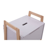 White storage box with a rectangular shape, featuring a slot on the top for easy access. The box has wooden handles on either side for convenient carrying