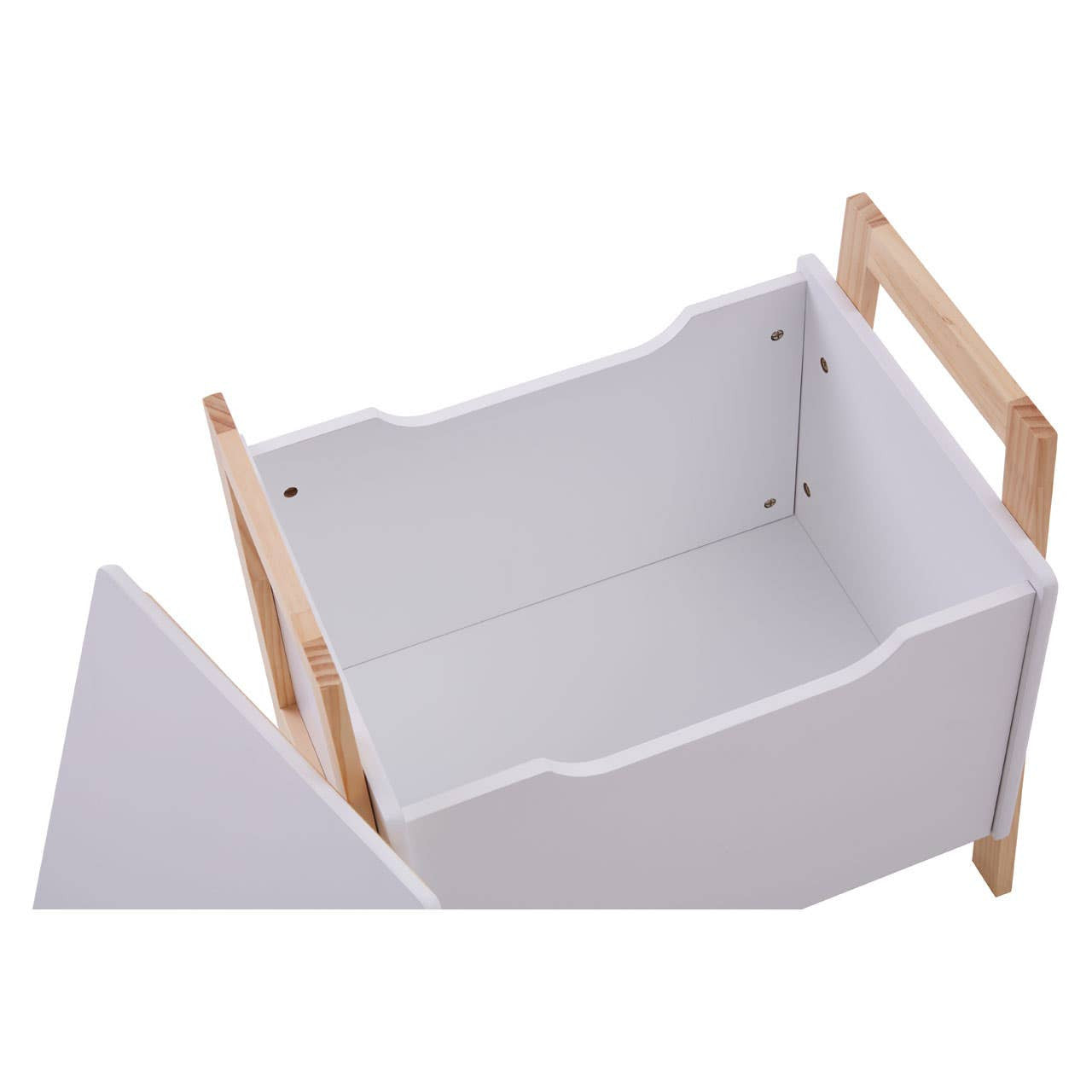 White storage box with wooden handles, featuring an open top and a simple, modern design. The interior is spacious and clean, suitable for organizing various items