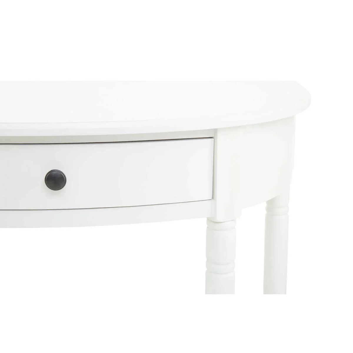 White half moon console table with single drawer and turned legs