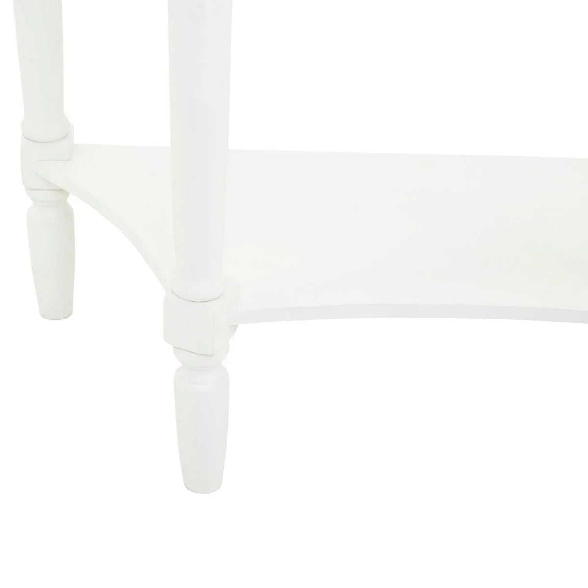 Closeup of white wooden table legs and lower shelf detail