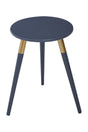 Round dark grey side table with three tapered legs, two of which are dark grey and one featuring a natural wood finish, creating a modern and stylish look suitable for various home decor styles