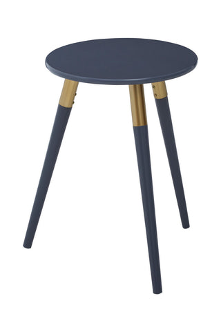 Round dark grey side table with three tapered wooden legs, featuring a natural wood finish at the top of each leg. The table has a sleek and modern design, suitable for various home decor styles
