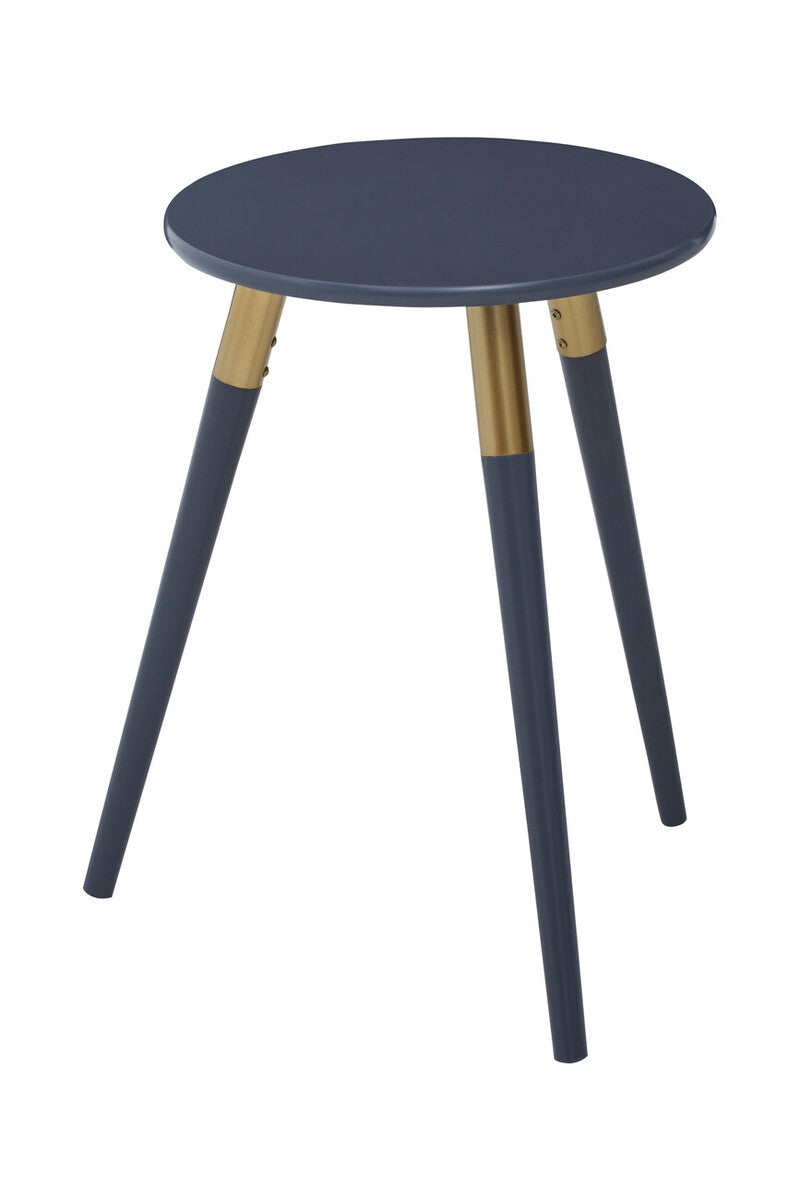 Round dark grey side table with three tapered wooden legs, featuring a natural wood finish at the top of each leg. The table has a sleek and modern design, suitable for various home decor styles