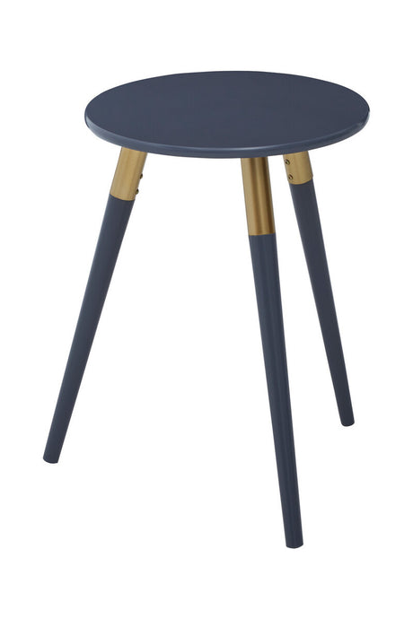 Round dark grey side table with three tapered wooden legs, featuring a natural wood finish at the top of each leg. The table has a sleek and modern design, suitable for various home decor styles