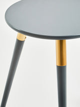 Round dark grey side table with a smooth surface and three tapered legs. The legs are dark grey with a gold accent where they connect to the tabletop, creating a modern and stylish look. The background is plain and neutral, emphasizing the table's design