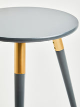 Round dark grey side table with a smooth surface and three tapered legs. The legs feature a contrasting light wood accent near the top, adding a modern touch to the design. The overall look is sleek and contemporary, suitable for various home decor styles