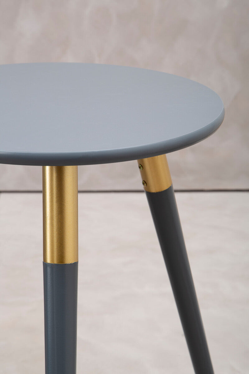 Round dark grey side table with a smooth top and gold accents on the legs, set against a neutral background. The legs are tapered and feature a combination of dark grey and gold finishes, adding a modern touch to the design