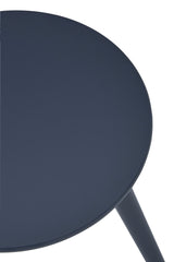 Round dark grey side table with a smooth surface and slender, angled legs. The design is modern and minimalistic, suitable for various home decor styles