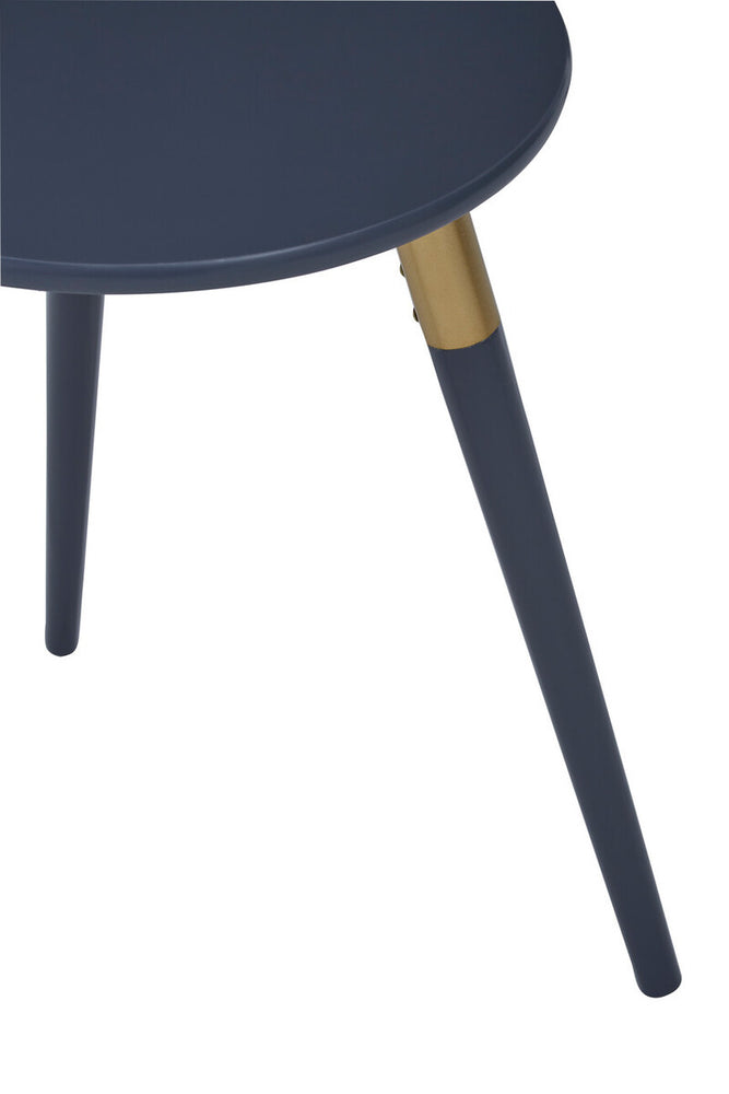 A dark grey side table with a round top and three tapered legs, one of which features a gold accent near the base. The table has a modern design suitable for home decor