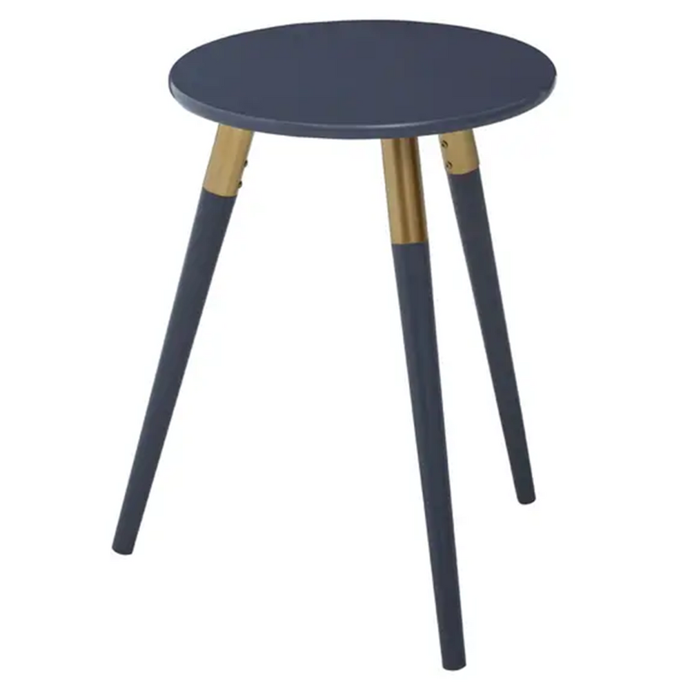Round dark grey side table with three tapered legs, two of which are dark grey and one is natural wood. The table has a smooth surface and a modern design, suitable for various home decor styles