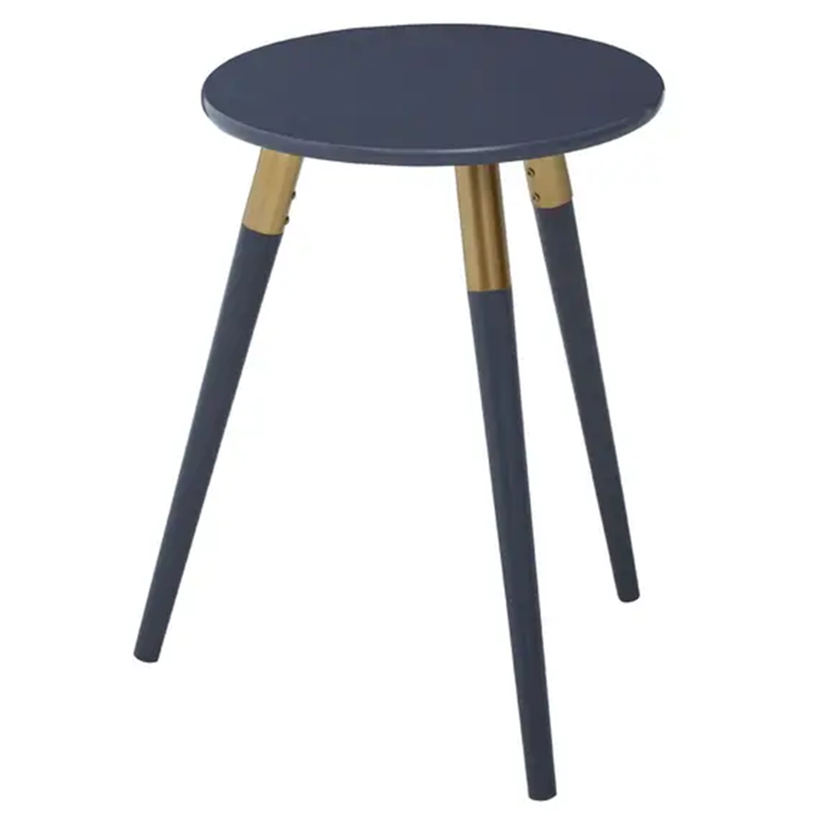 Round dark grey side table with three tapered legs, two of which are dark grey and one is natural wood. The table has a smooth surface and a modern design, suitable for various home decor styles
