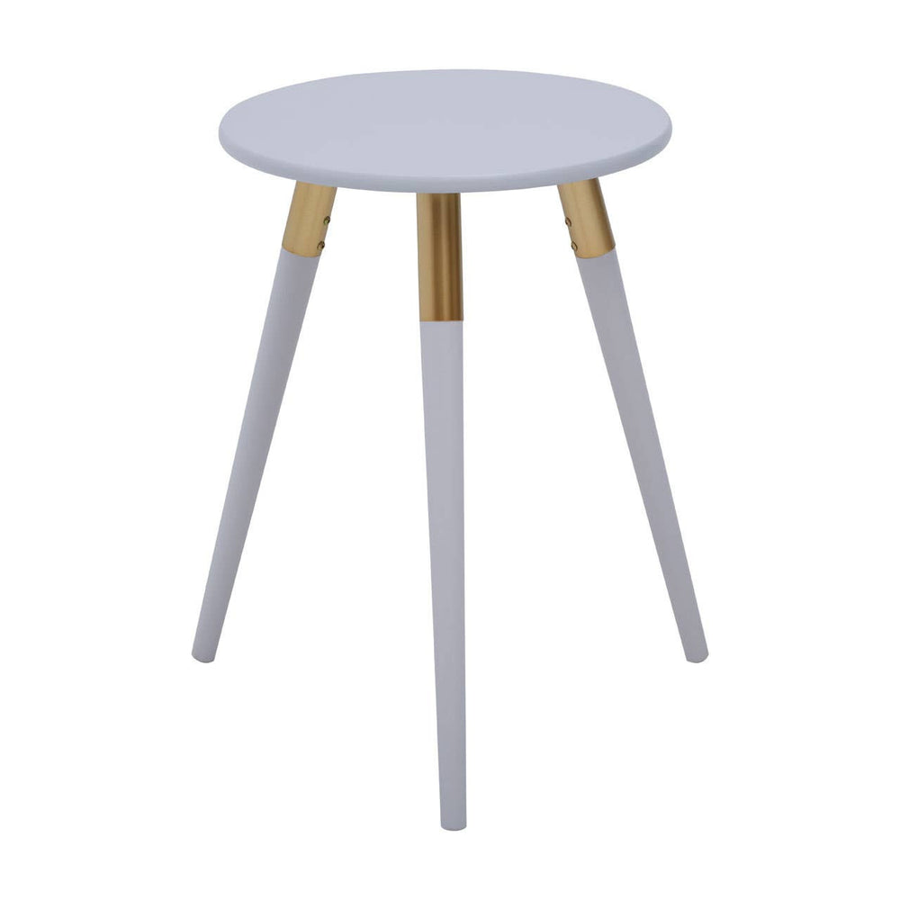 Light grey round side table with three tapered legs, featuring gold accents where the legs meet the tabletop. The design is modern and minimalist, suitable for various home decor styles