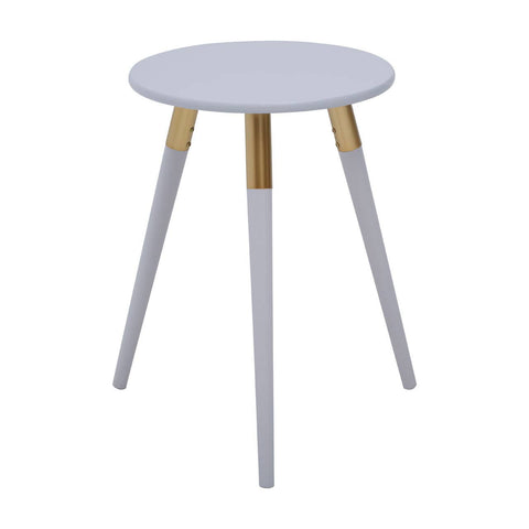 Light grey round side table with three tapered legs, featuring gold accents where the legs meet the tabletop. The design is modern and minimalist, suitable for various home decor styles