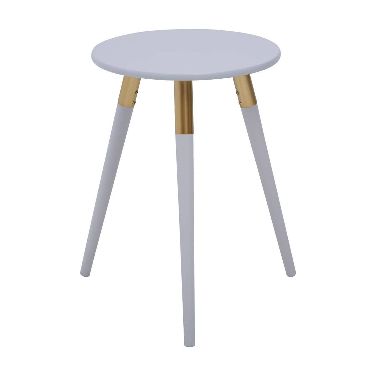 Light grey round side table with three tapered legs, featuring gold accents where the legs meet the tabletop. The design is modern and minimalist, suitable for various home decor styles