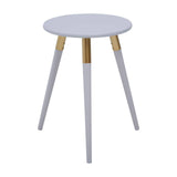 Light grey round side table with three tapered legs, featuring gold accents where the legs meet the tabletop. The design is modern and minimalist, suitable for various home decor styles