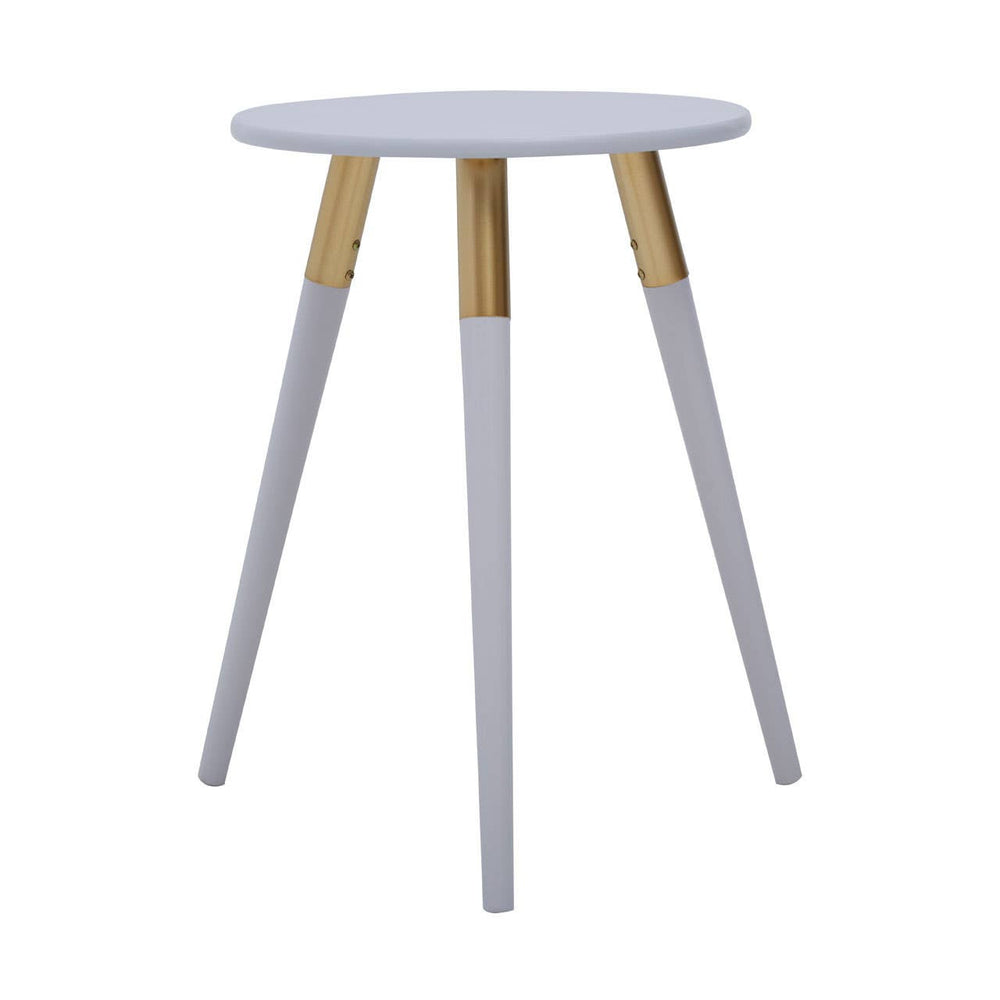 Light grey round side table with three tapered legs, two of which are light grey and one is natural wood, creating a modern and minimalist design suitable for various home decor styles