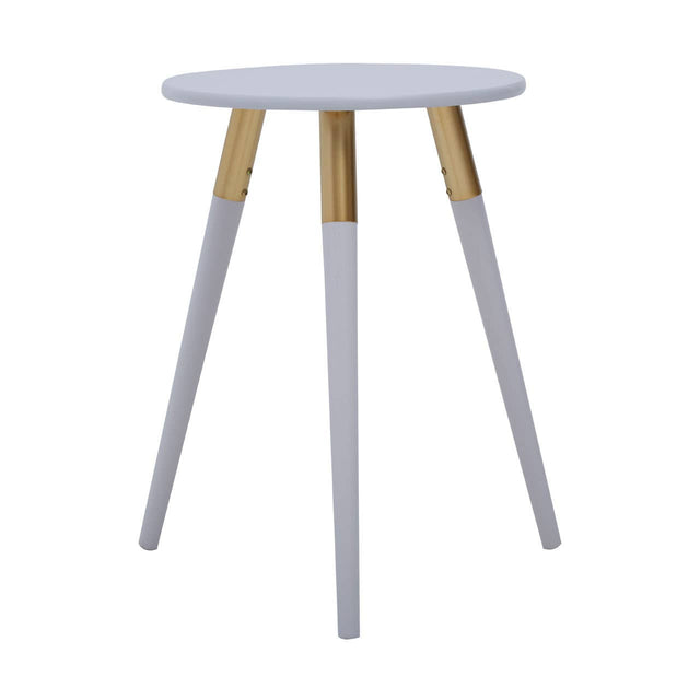 Light grey round side table with three tapered legs, two of which are light grey and one is natural wood, creating a modern and minimalist design suitable for various home decor styles