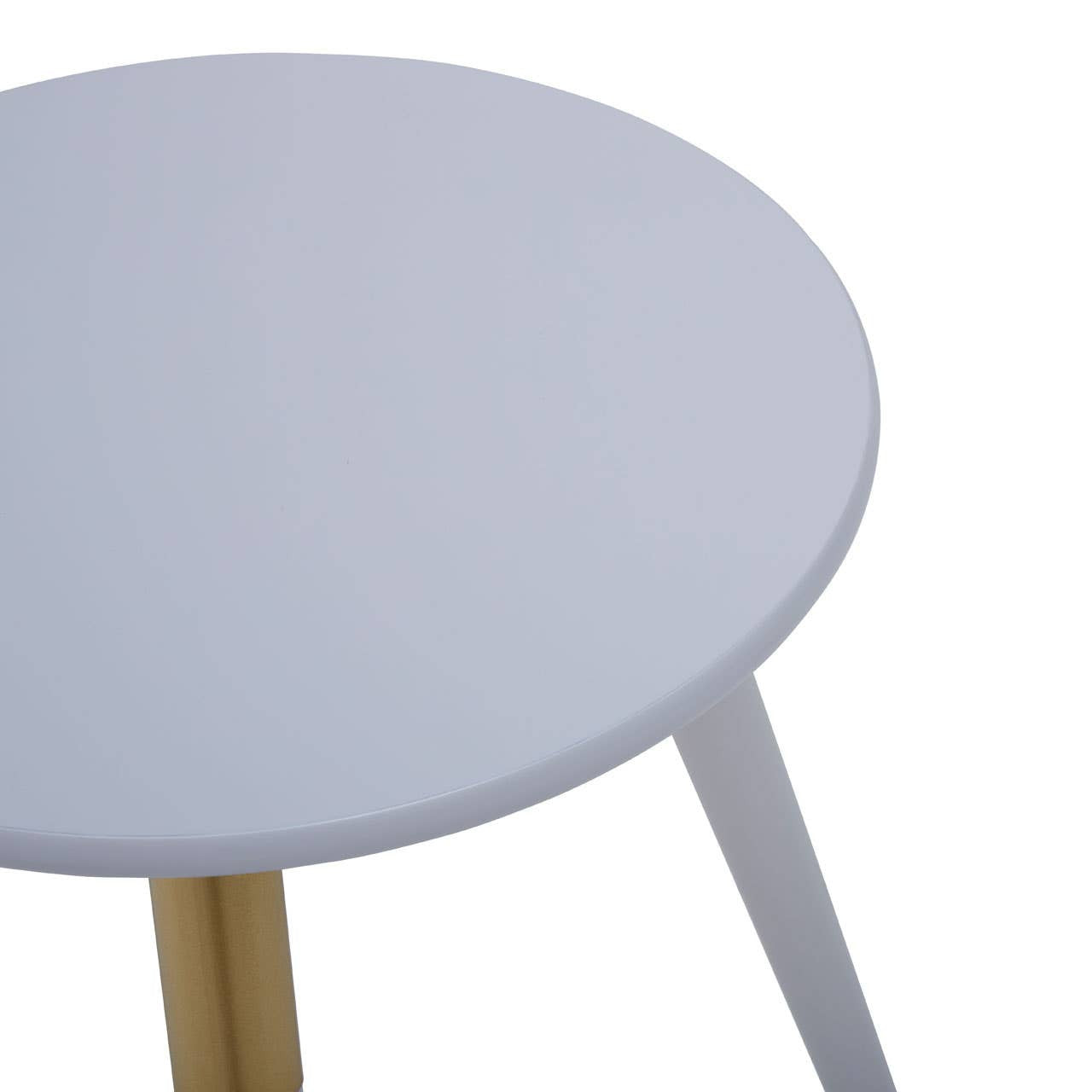 Round light grey side table with a smooth surface and three tapered legs, two of which are white and one is natural wood. The design is modern and minimalistic, suitable for various home decor styles