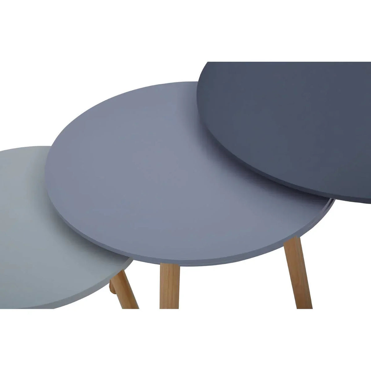 Nest of tables with round grey tops and wooden legs overlapping in a modern design