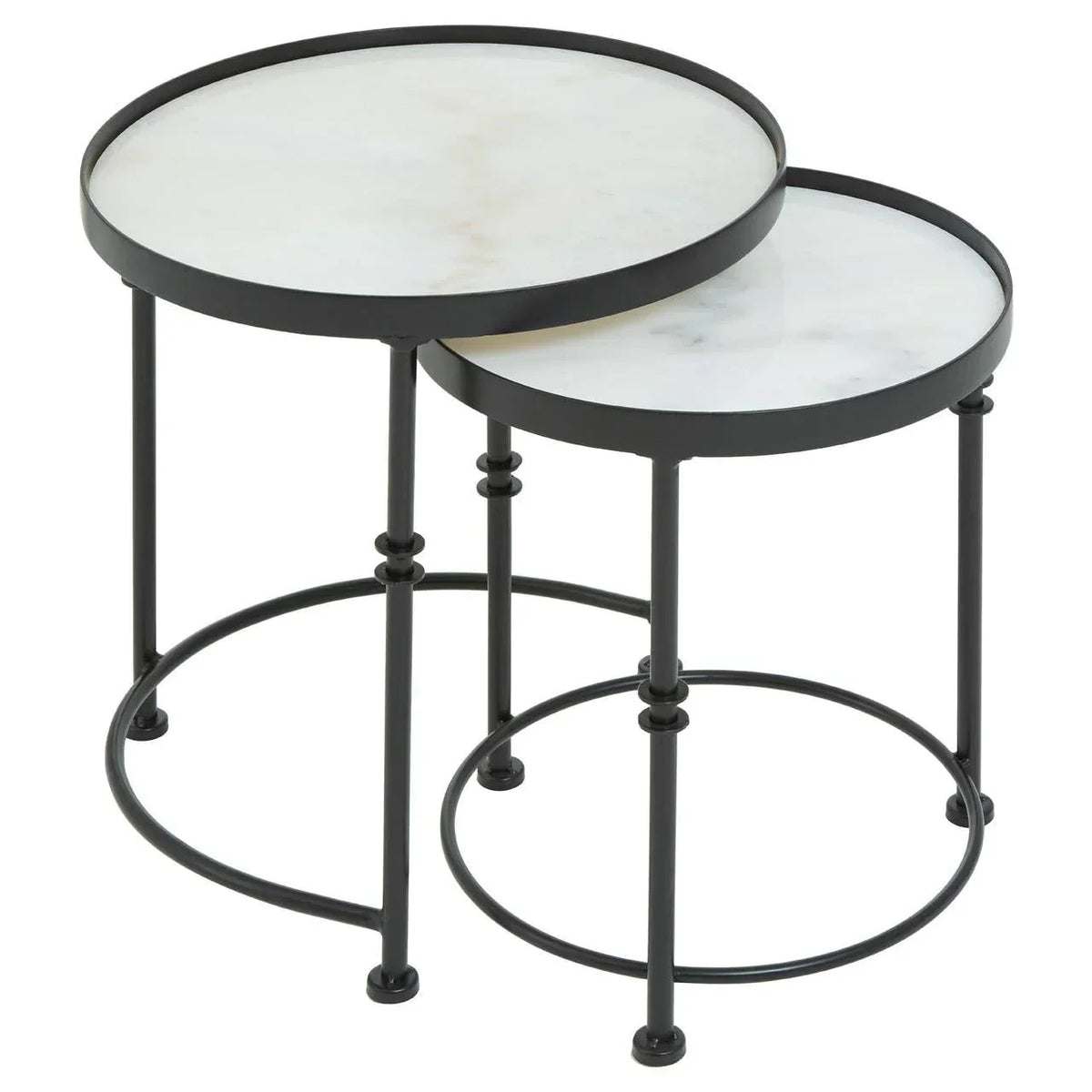 Round nesting side tables with black metal frame and white marble tops
