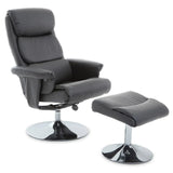 Black leather recliner chair with matching footstool on chrome bases
