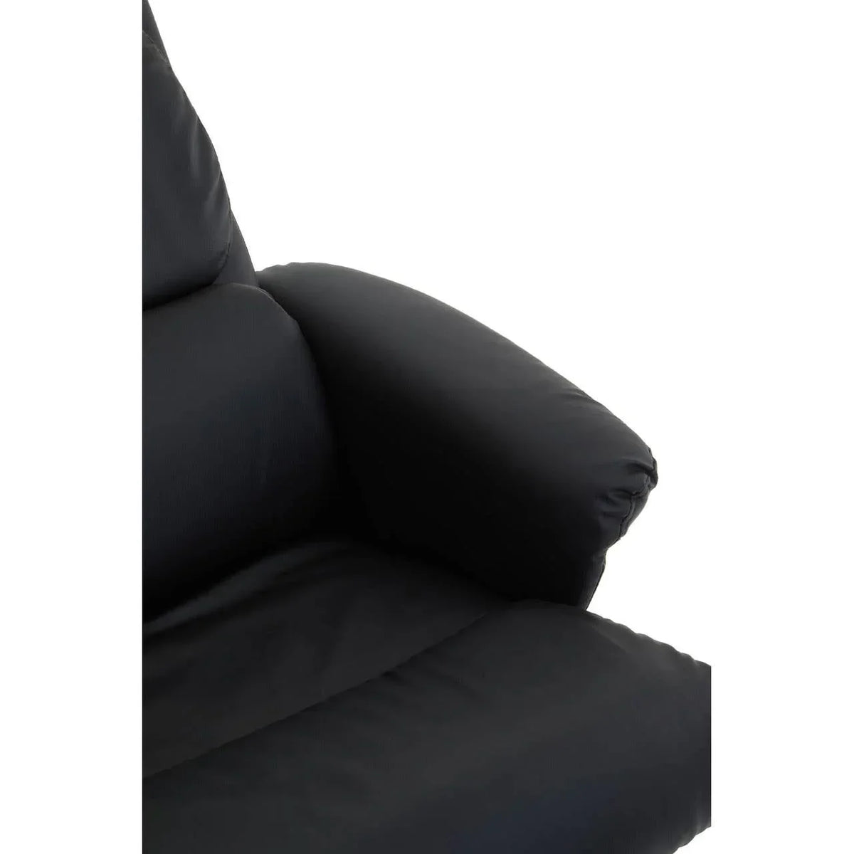 Close-up of black fabric sofa armrest and cushioned seat