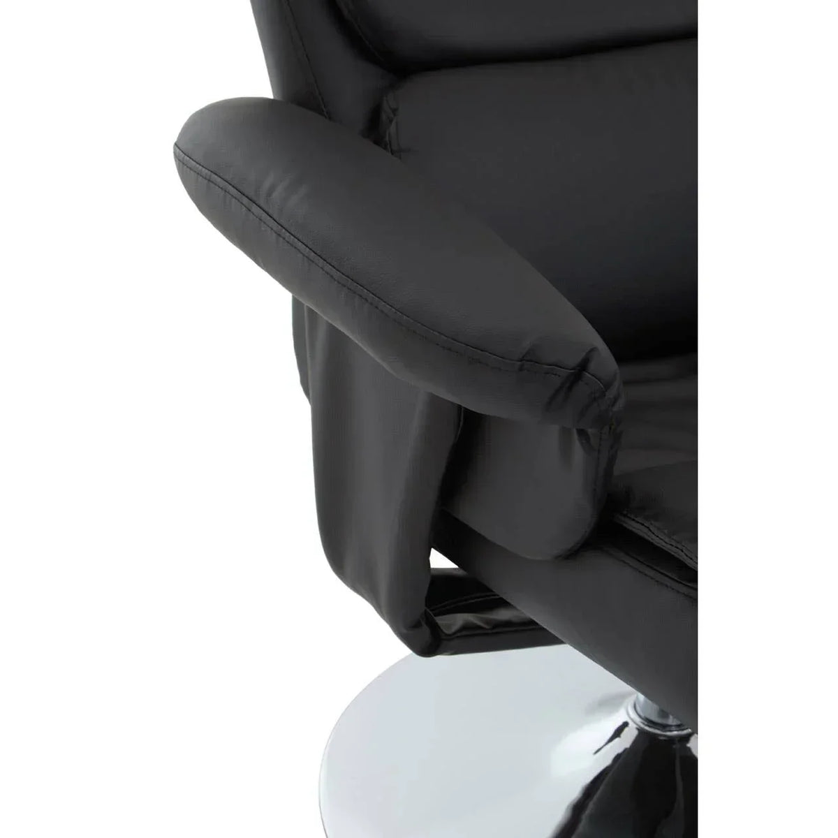 Closeup of black recliner chair armrest and chrome swivel base