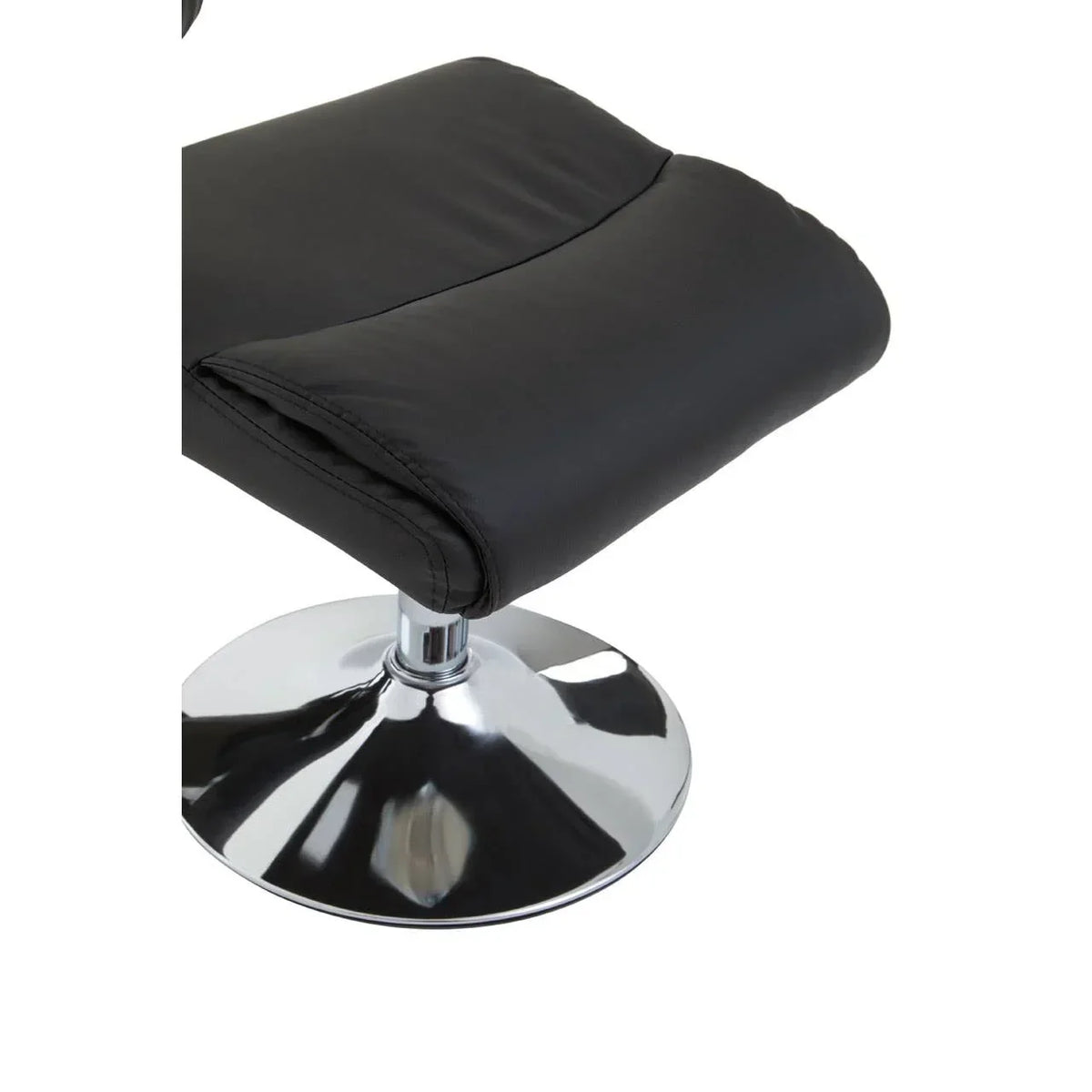 Black faux leather chair seat with chrome swivel base closeup