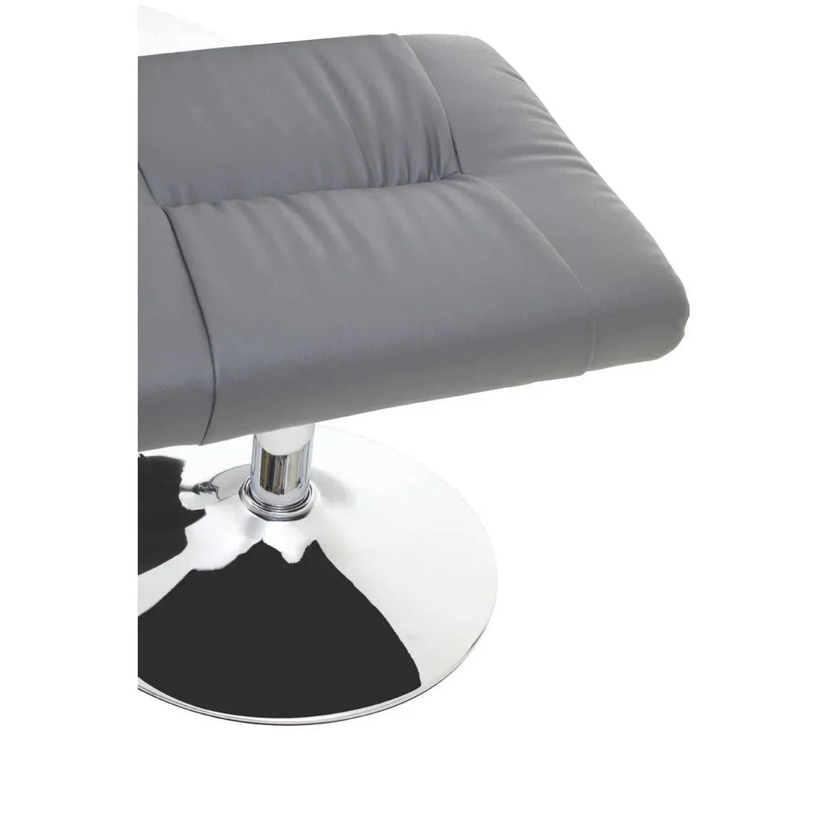 Grey leather bar stool seat with chrome pedestal base, close-up side angle
