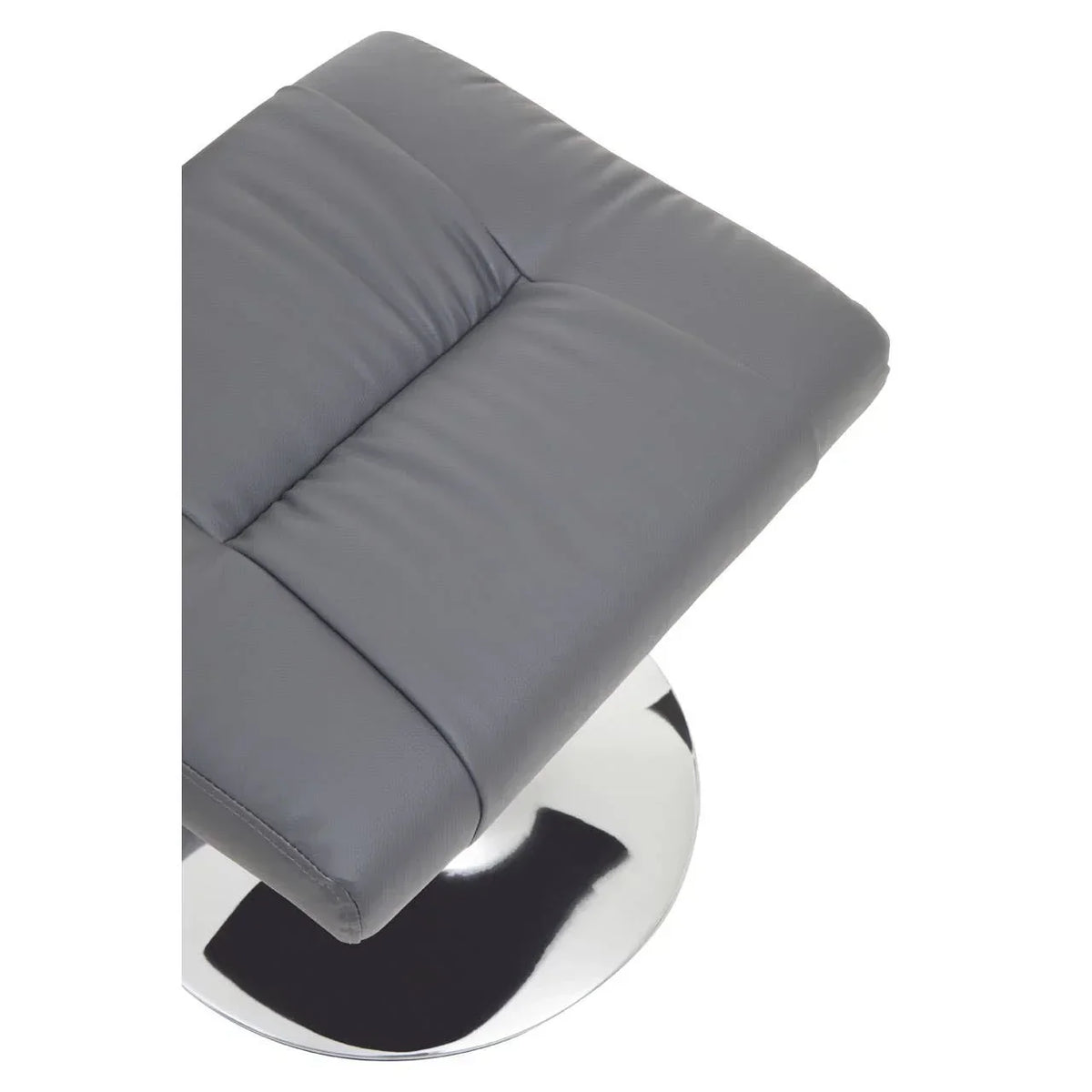 Grey leather footstool with chrome circular base, close-up of cushioned seat