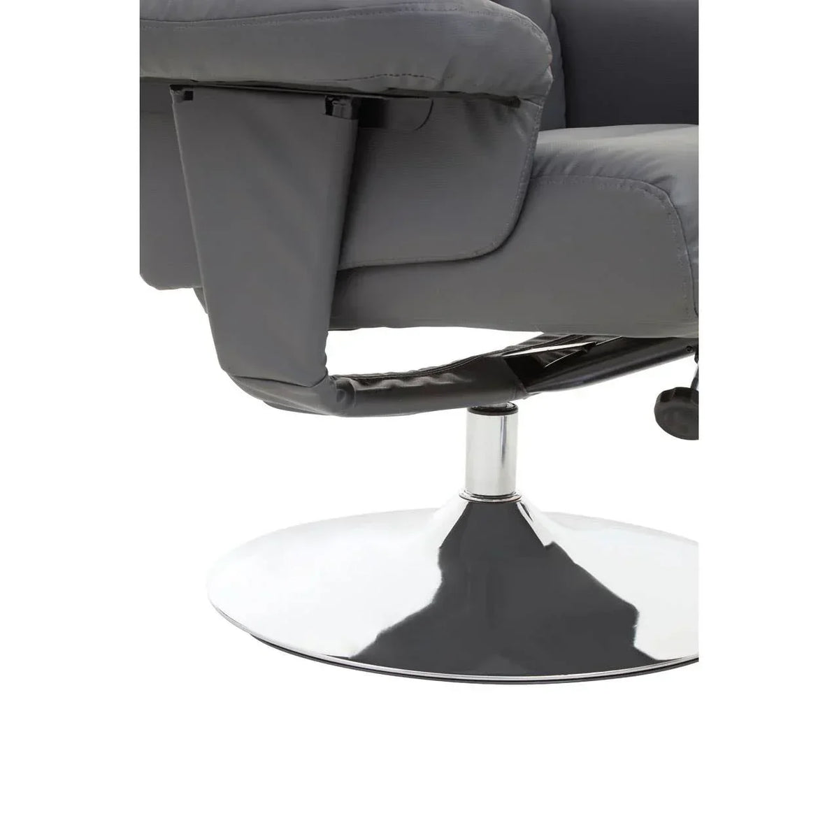 Grey recliner chair with chrome swivel base close-up